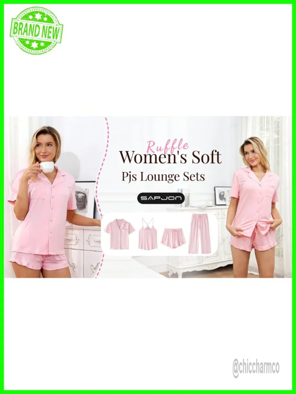 Soft Pajama Sets 4 Pcs Button Down Top and Pants Cami Ruffle Shorts Lounge Sets